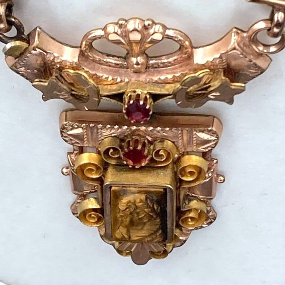 Antique Victorian Rose & Yellow Gold Filled Tiger Eye Cameo Mesh Necklace - Picture 11 of 14